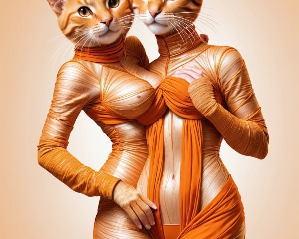 Anthropomorphic figures with cat heads in orange outfits