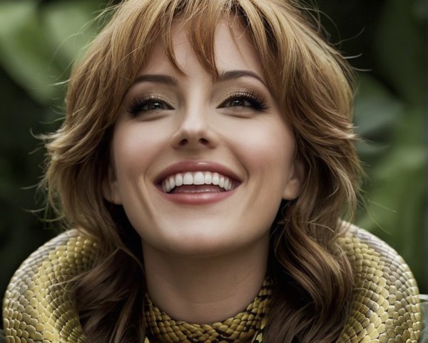 Cheerful woman with brown hair and yellow snake