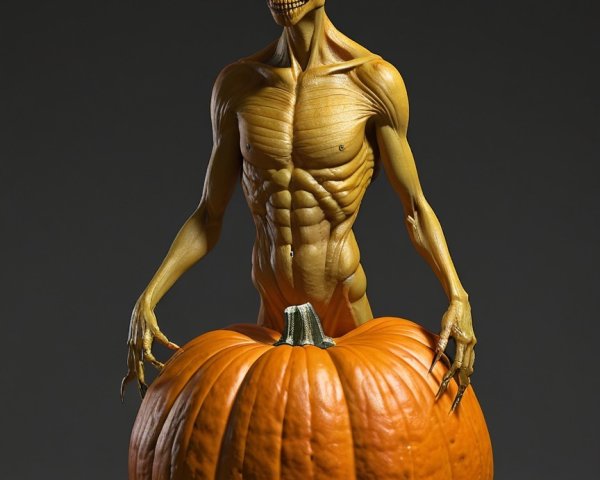 Skeletal Figure with Pumpkin Head Next to Vibrant Pumpkin