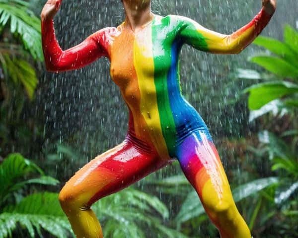Joyful figure in rainbow bodysuit under tropical rain