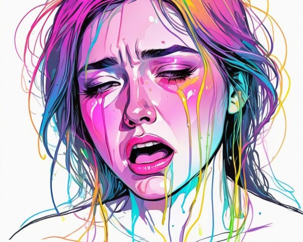 Stylized portrait of a woman with vibrant hair and tears