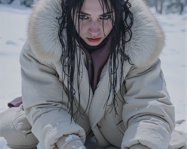 Young Woman in Fur-Trimmed Jacket in Snowy Landscape