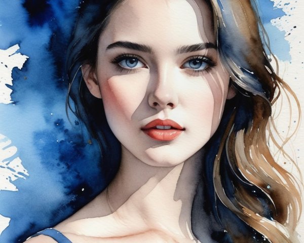 Watercolor Portrait of a Young Woman with Blue Eyes
