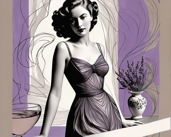 Vintage Illustration of Elegant Woman in Flowing Dress