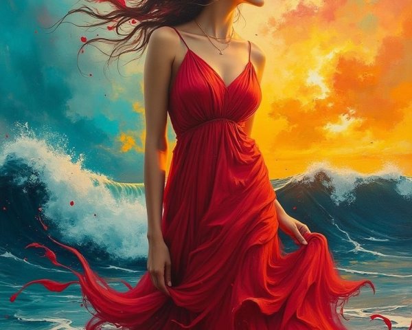 Woman in Red Dress by Tumultuous Waves at Sunset