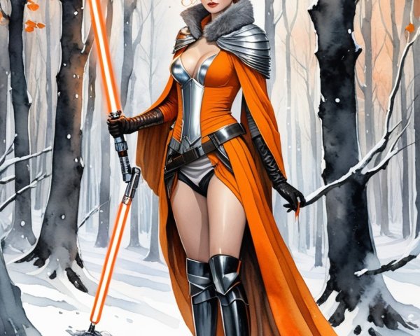 Fierce Warrior in Orange Outfit with Lightsaber in Forest
