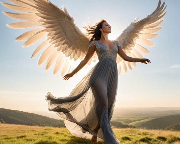 Majestic figure with wings on grassy hillside landscape