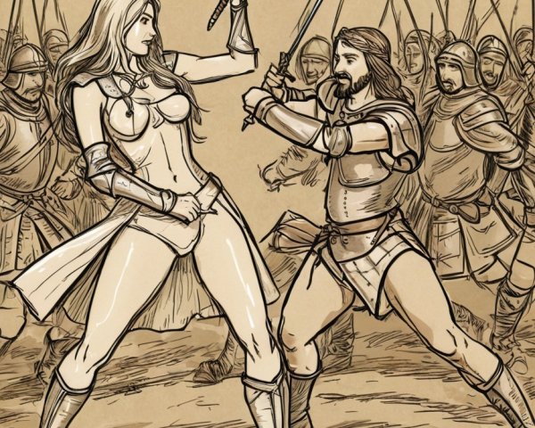 Warrior Woman and Male Fighter in Hand-to-Hand Combat