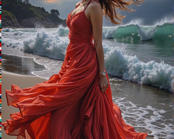 Woman in Coral-Red Dress on Beach with Waves
