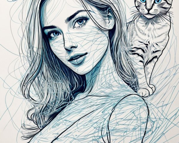 Stylized Illustration of Woman and Cat in Blue Tones