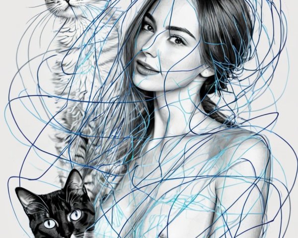 Stylized Black-and-White Portrait of Woman with Cats