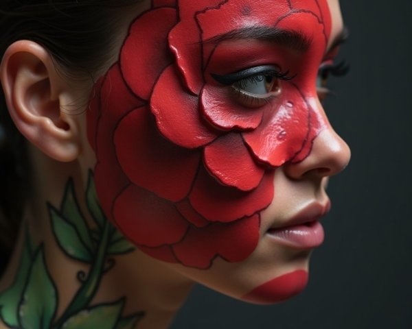Portrait of Woman with Red Rose Face Paint and Tattoo
