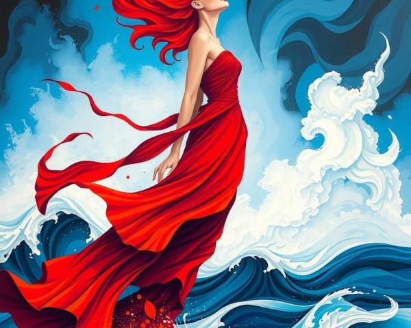 Woman in Red Dress Amidst Turbulent Blue Waves