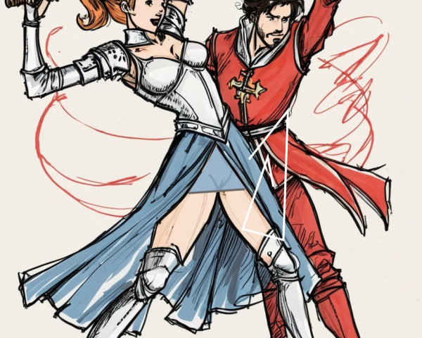 Dynamic Swordfight Between Female Warrior and Male Knight