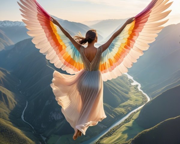 Woman with Colorful Wings Over Majestic Landscape