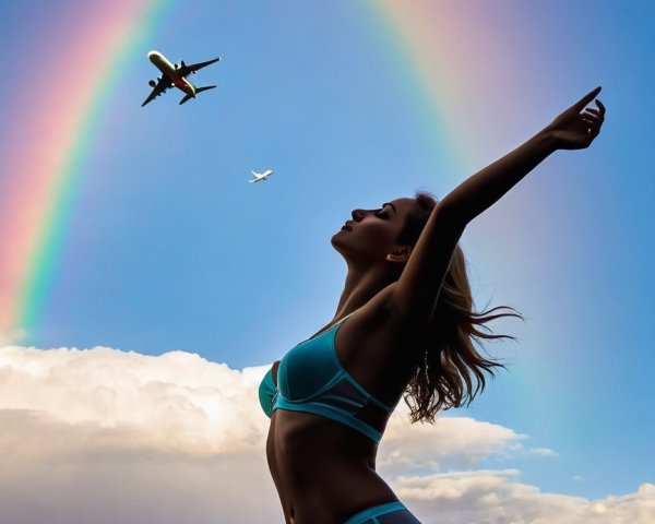 Silhouette of a Woman with Rainbow and Airplanes