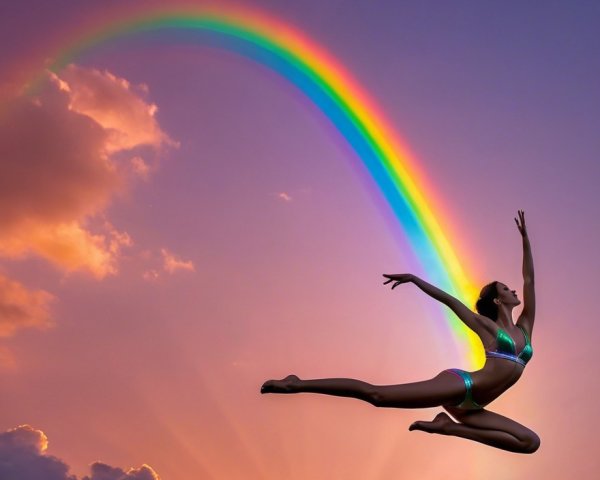 Woman in Bikini Leaping at Sunset with Rainbow