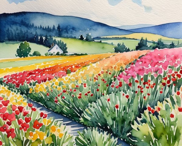 Vibrant Watercolor of Hills and Colorful Flower Fields