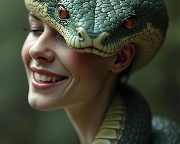 Surreal Woman with Green Snake and Playful Smile