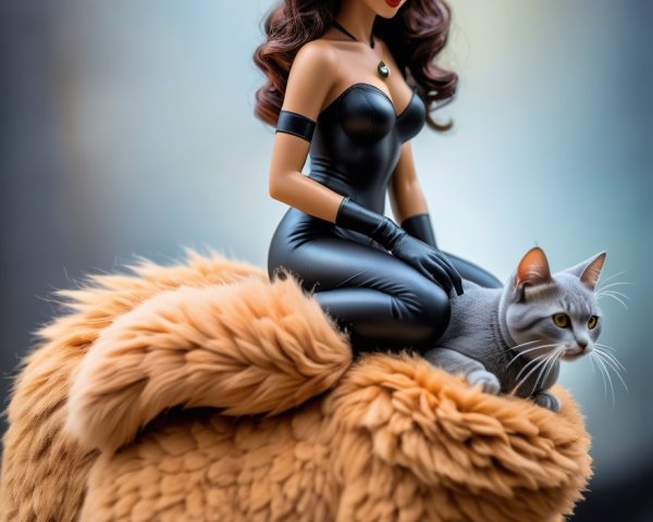 Fashionable Doll with Cat Ears and Plush Feline