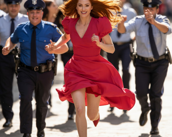 Woman in red dress chased by police in city street
