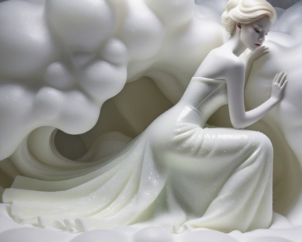 Ethereal figure in gown resting among soft clouds