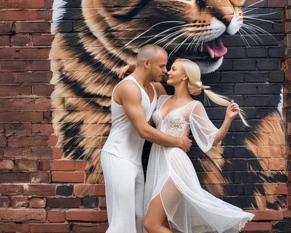 Couple Embracing Before Colorful Cat Mural
