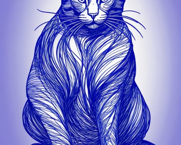 Intricate Blue Line Illustration of a Cat