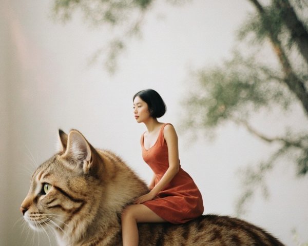 Whimsical Scene of Woman in Red Dress on Tabby Cat
