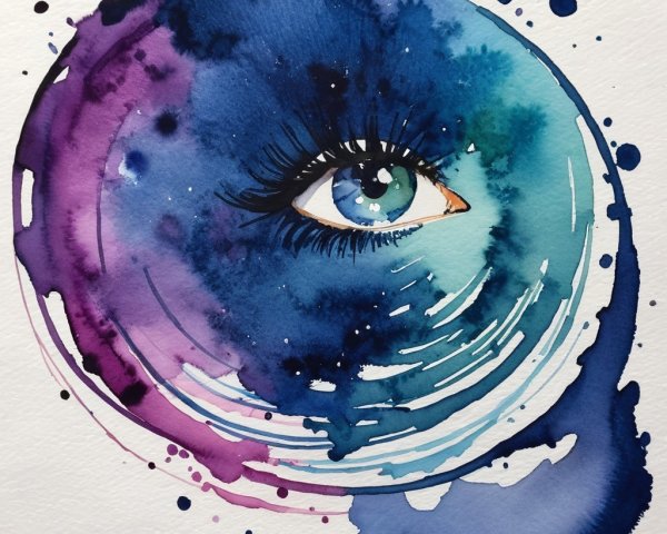 Watercolor Painting of an Eye in Deep Blues and Purples