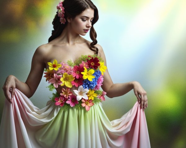 Young woman in floral gown with dreamy backdrop