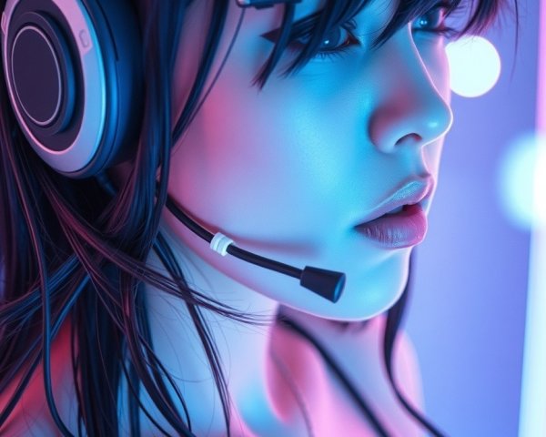Close-up of a woman with high-tech headset and vibrant colors