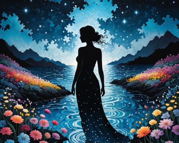 Silhouette of a Woman by a Shimmering River at Night