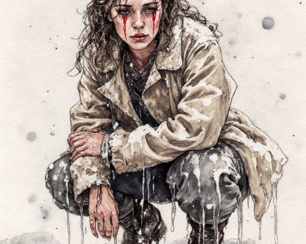 Somber Young Woman in Snowy Landscape with Tears