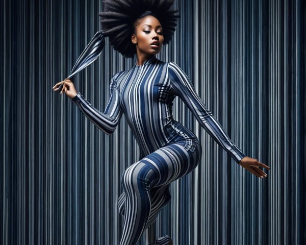 Model in Striped Bodysuit Against Blue and Gray Stripes