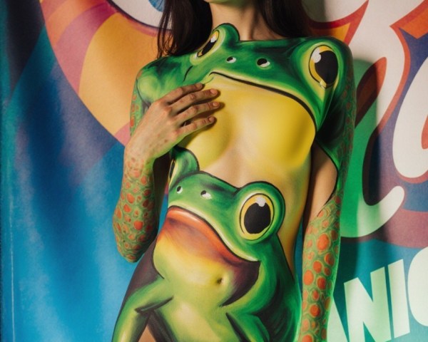 Model in Vibrant Frog Design Bodysuit Against Colorful Background
