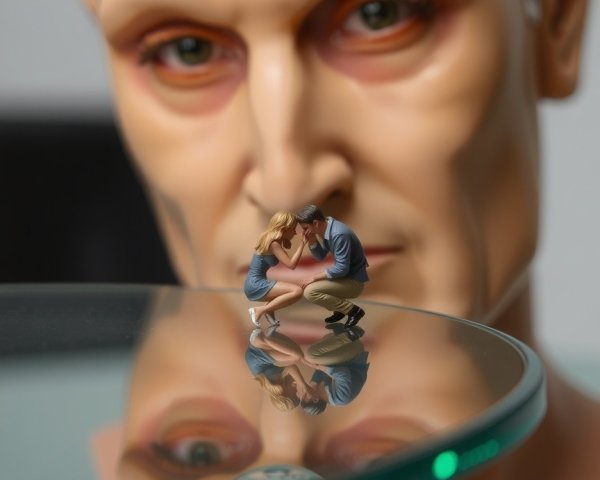 Surreal Scene with Giant Head and Intimate Couple