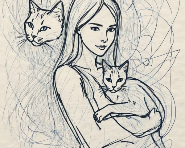 Line Drawing of Woman with Cat and Whimsical Background