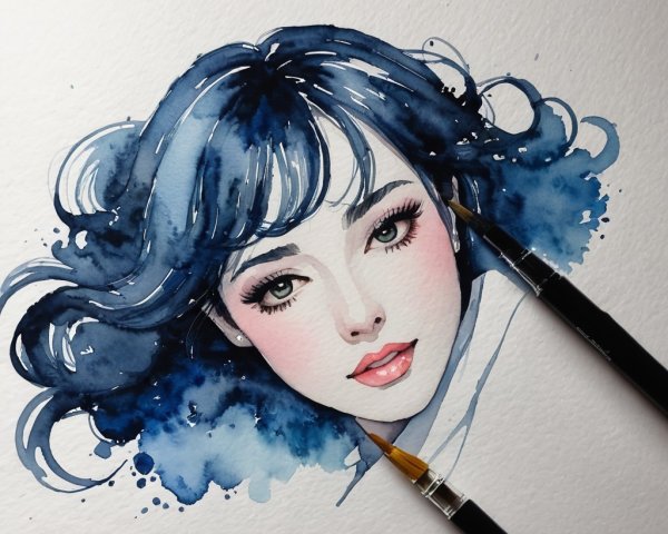 Watercolor Painting of a Young Woman with Blue Hair