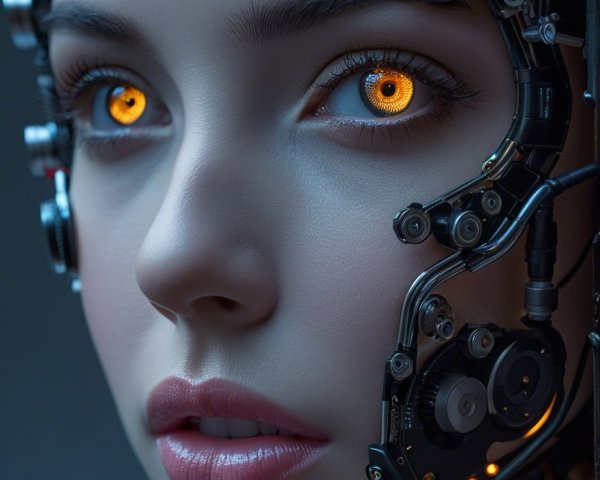 Close-Up Portrait of a Cyborg Woman with Orange Eyes