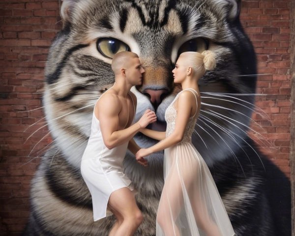 Models Posed Dramatically Against Colorful Cat Mural