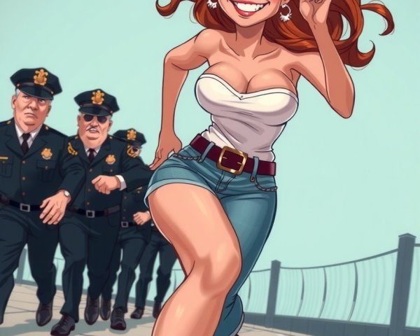 Young woman with red hair running from police in cartoon style