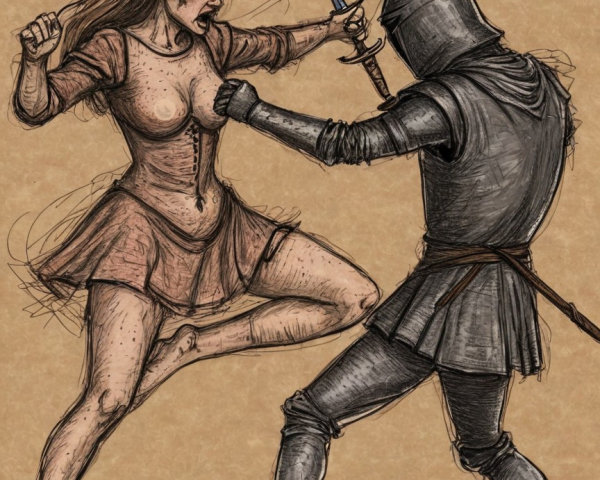 Battle Scene Between Woman and Armored Knight