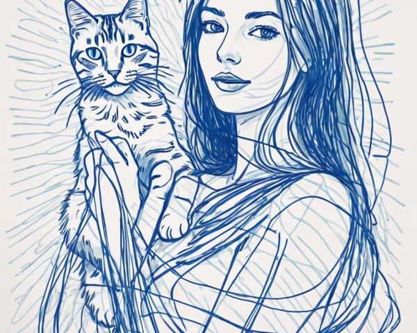 Stylized Blue Line Drawing of Woman with Cat