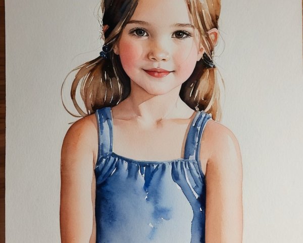 Watercolor Portrait of a Young Girl in Blue Dress
