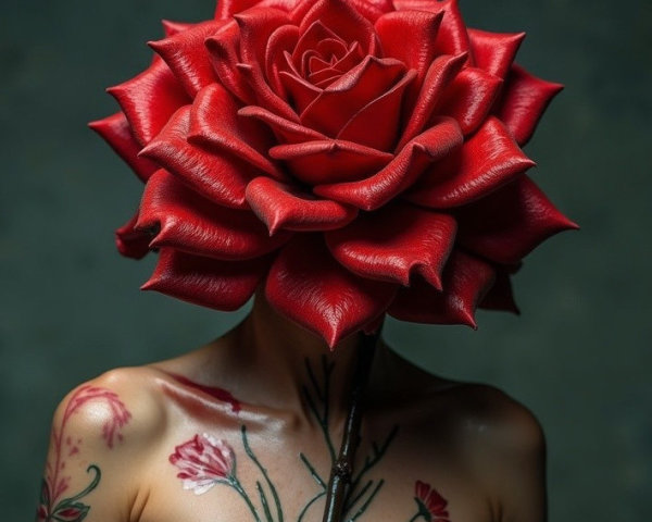 Person with Oversized Red Rose Head and Floral Tattoos