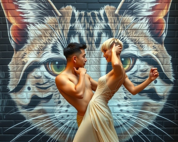 Couple Dancing in Front of Cat Mural Background