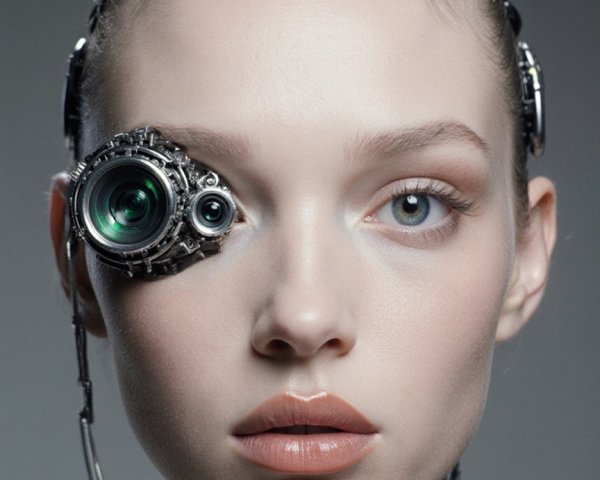 Futuristic Humanoid with Metallic Features and Camera Lens