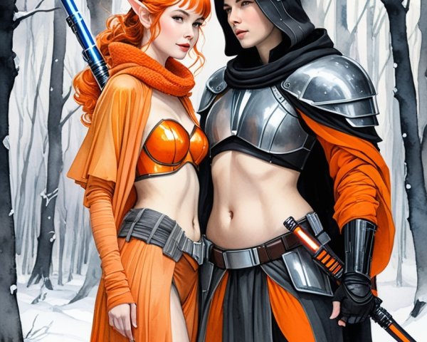 Fantasy Figures in a Snowy Enchanted Forest