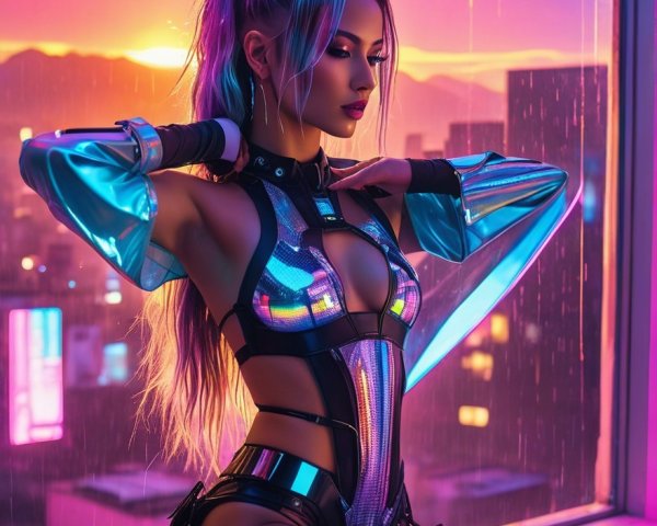 Futuristic Figure by Window with Sunset and Neon Lights